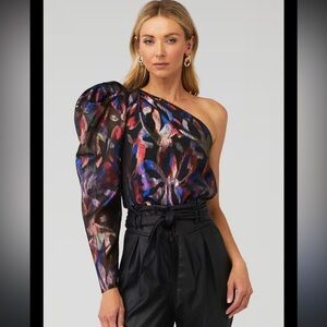 Sabina Musayev Shimmer One Shoulder Puff Sleeve Blouse. Size Small. Retail $215